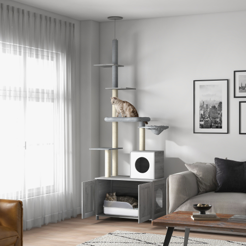 Pawhut Cat Tree With Litter Box Enclosure 2-in-1 Floor To Ceiling