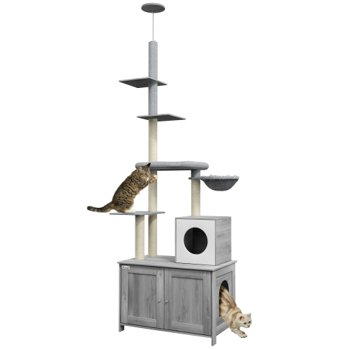 Pawhut Cat Tree With Litter Box Enclosure 2-in-1 Floor To Ceiling