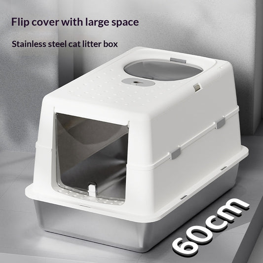 Stainless Steel Cat Litter Box With Flip Top Cover Closed Design