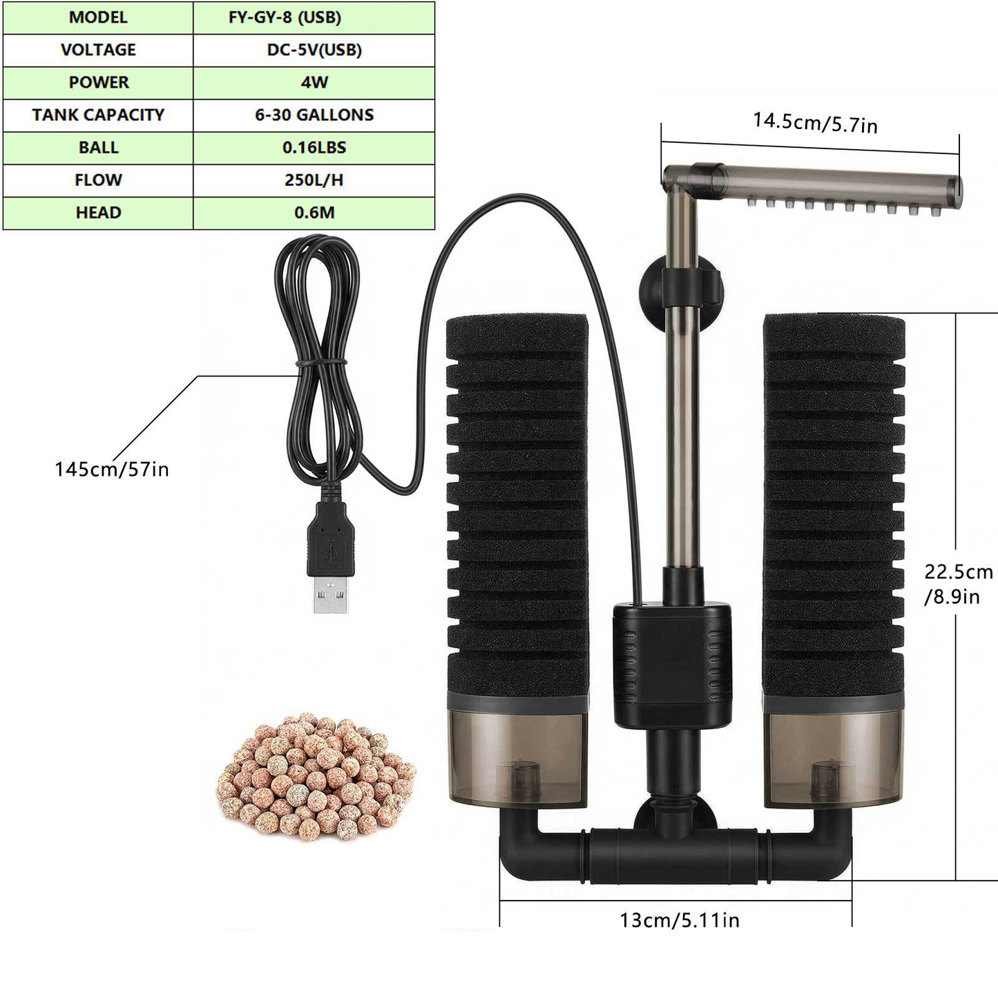 Aquarium USB Filter Sponge Fish Tank Quiet Bubble With 1 Bag Of