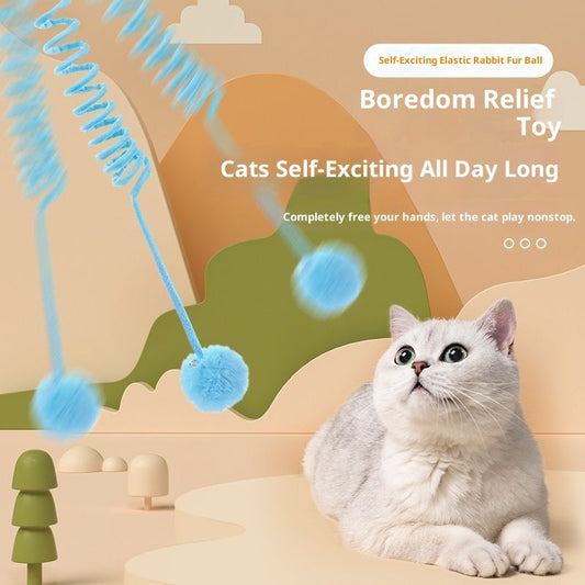Cat Toy Suction Cup Spring Rabbit Fur Ball Retractable Elastic Rope