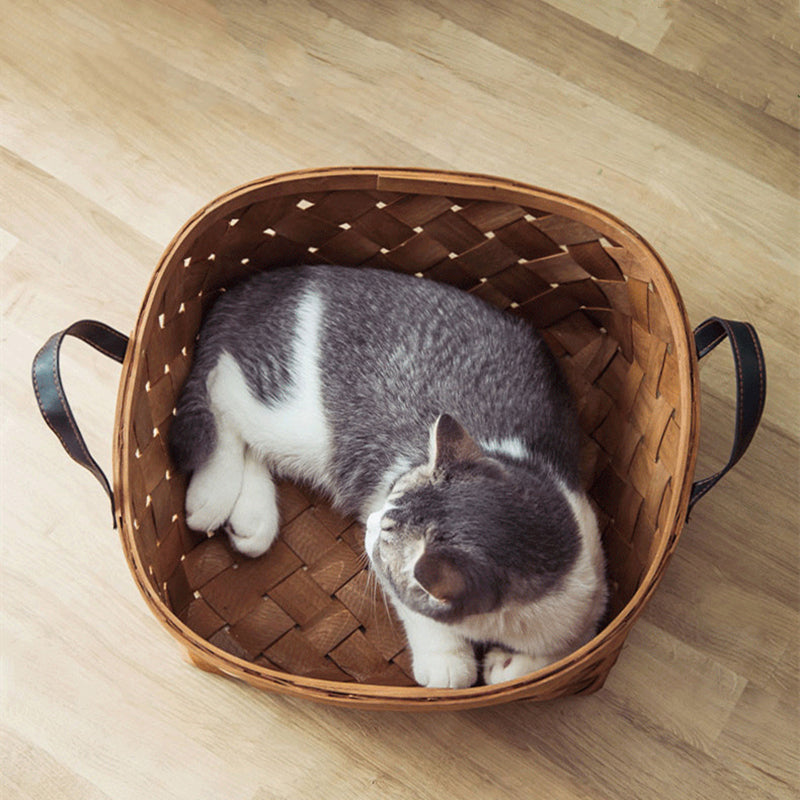 Bamboo Rattan Cat Bed House Kennel Nest Dog Tent Summer Sofa