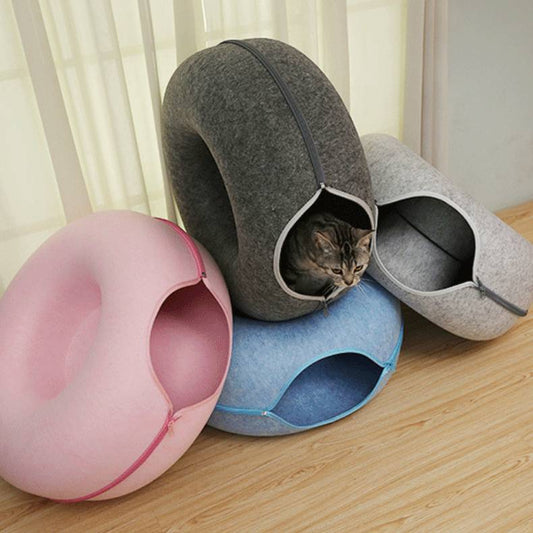 Donut Cat Tunnel Bed Pets House Natural Felt Pet Cave Interactive