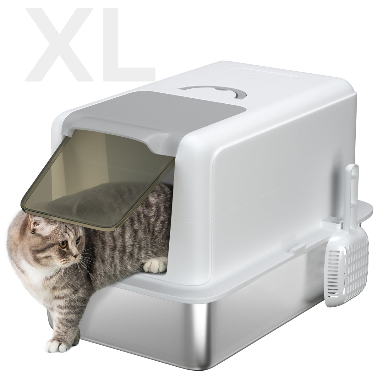 2-in-1 Stainless Steel Cat Litter Box With Removable Lid Scoop