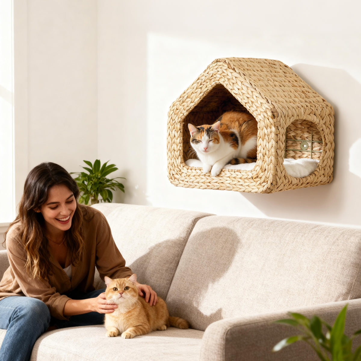 Wall Mounted Cat House Furniture Shelf With Washable Cushion Natural