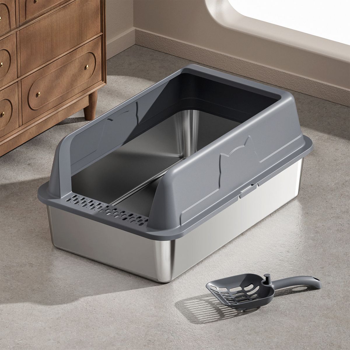 Stainless Steel Cat Litter Box For Cats High-sided Design Prevents
