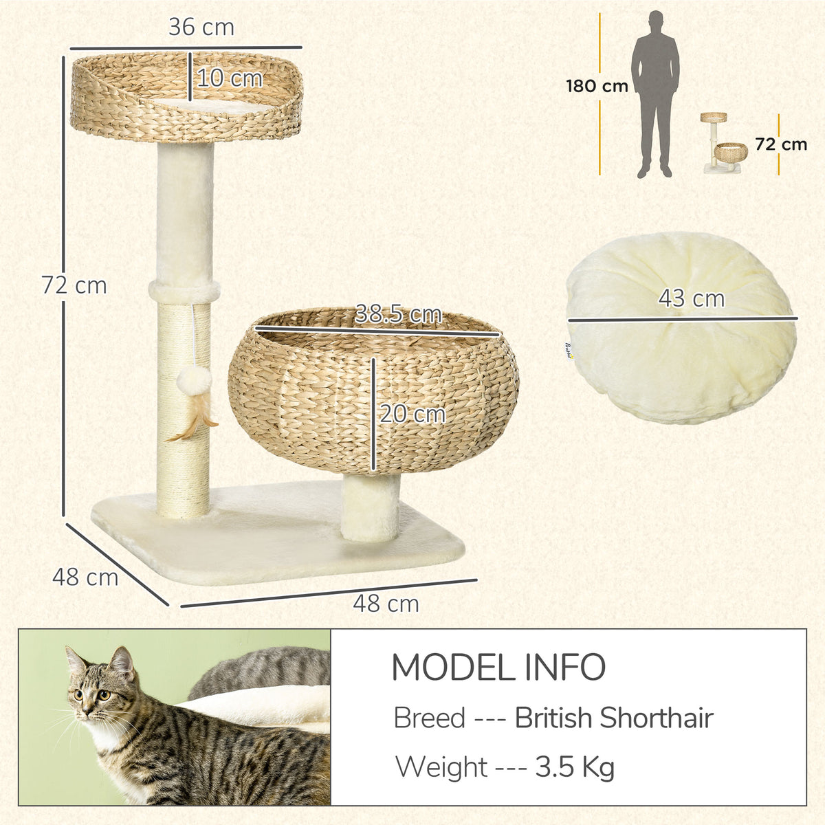 72cm Cat Tree Kitten Tower With Sisal Scratching Post Two Beds Toy