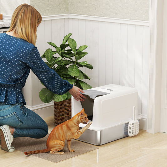 2-in-1 Stainless Steel Cat Litter Box With Removable Lid Scoop