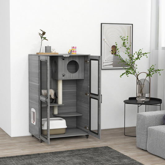 Cat Tree House With Scratching Post And Wheels Gray