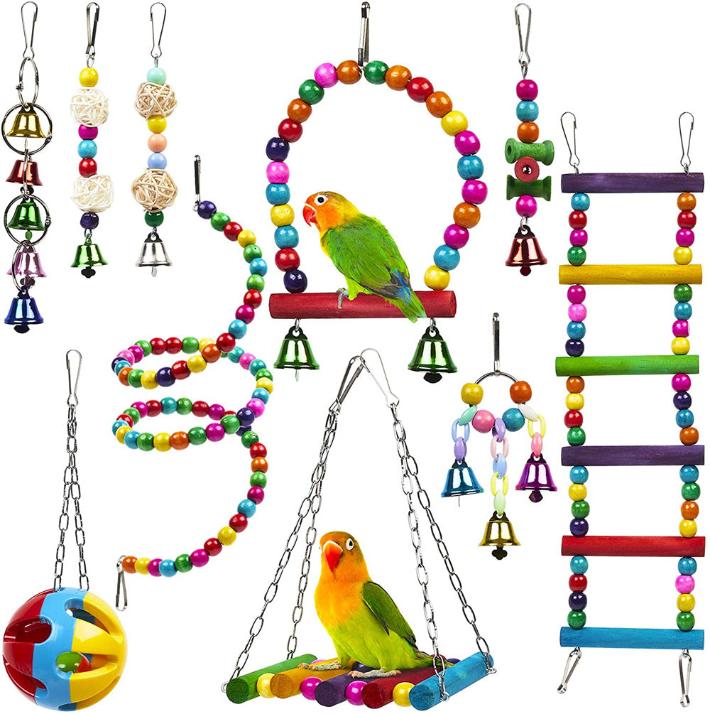 Parrot Combination Toy 10-piece Set Wooden Bead Rotating Ladder