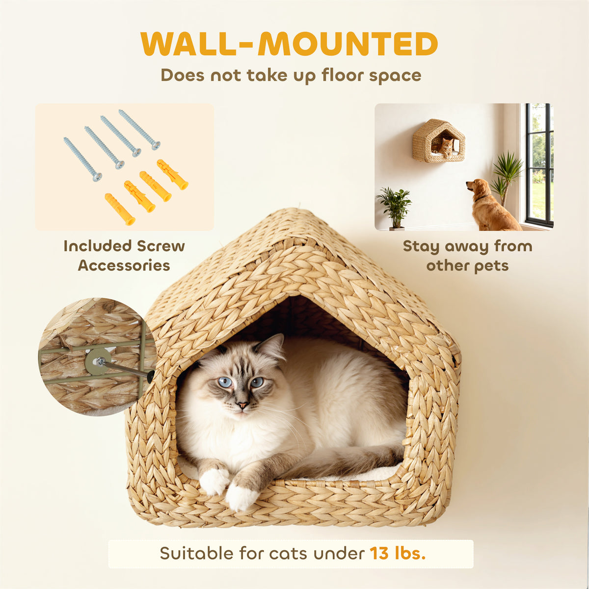 Wall Mounted Cat House Furniture Shelf With Washable Cushion Natural