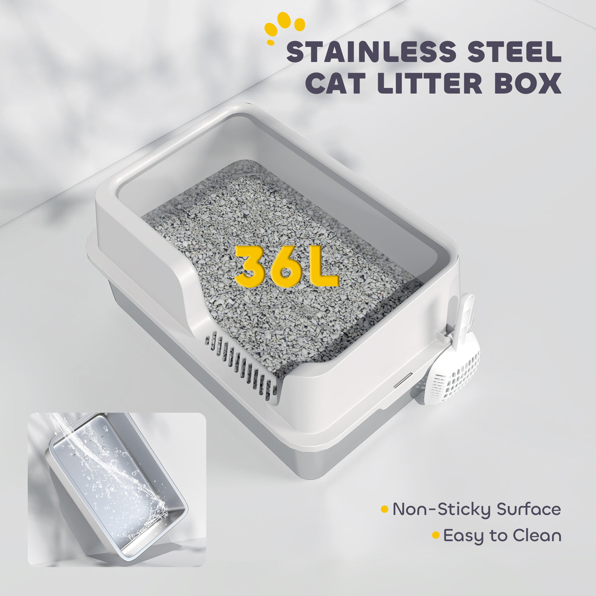 Stainless Steel Litter Box With High Side Scoop Easy Cleaning