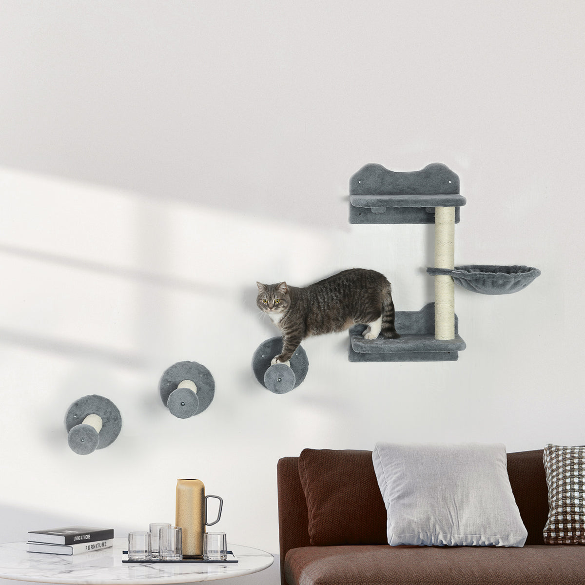 4 Piece Cat Shelf With Scratching Post Wall-mounted Tree For Indoor