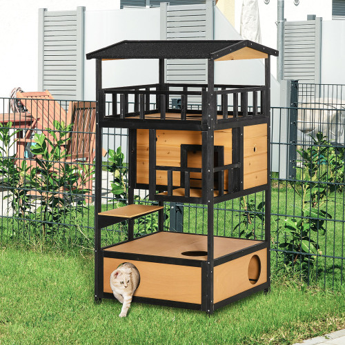 Wooden Outdoor Cat House Wild Shelter Kitten Tree