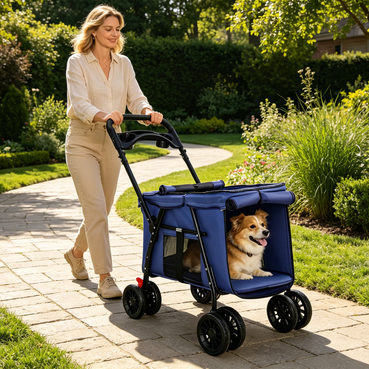 Pet Stroller Foldable 4-wheel Design Breathable Mesh Dog Cat With
