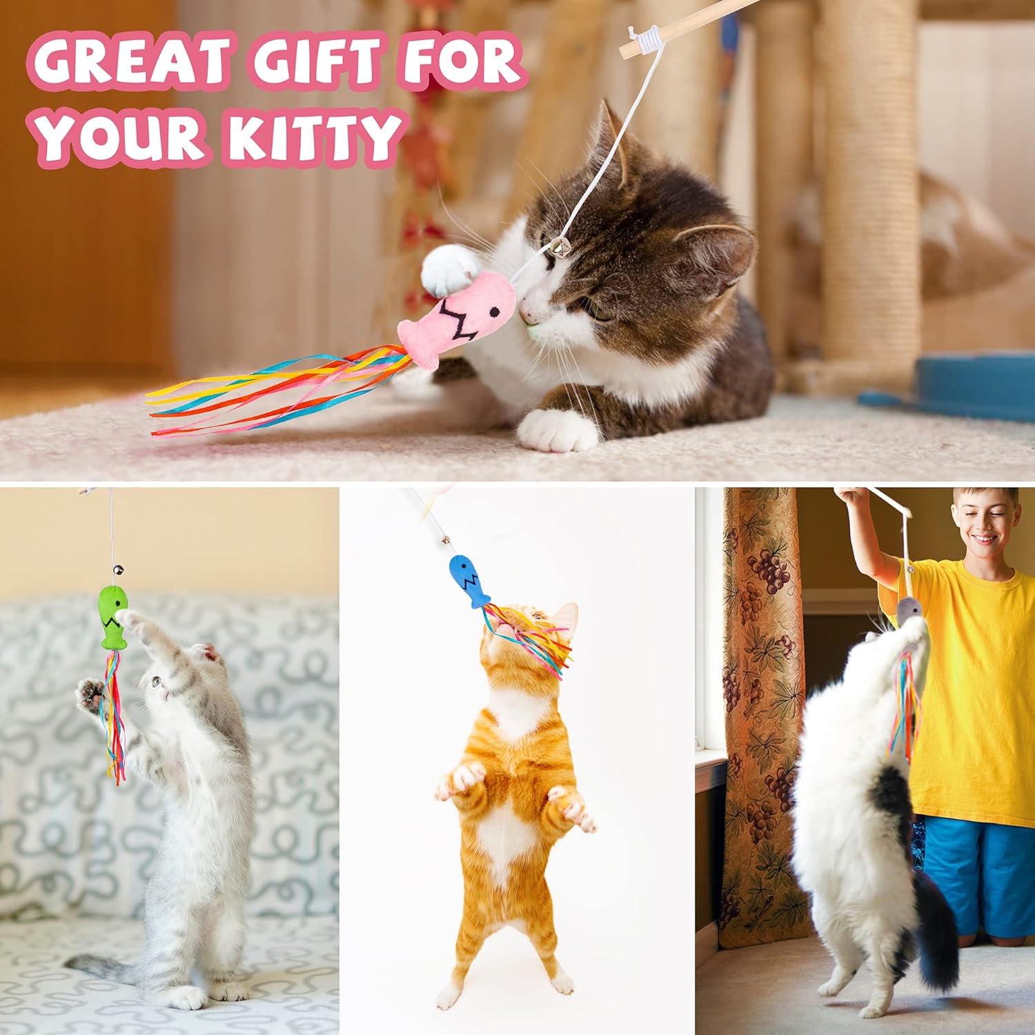 Cat Wand Toys Interactive With Catnip Fish Colorful Ribbons Bell