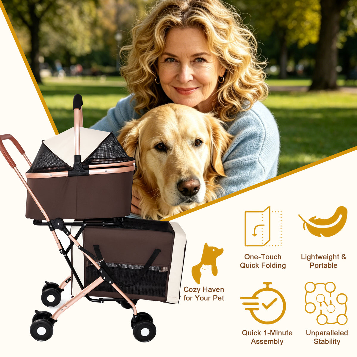 3-in-1 Double Pet Stroller For Small Medium Dogs Cats Foldable