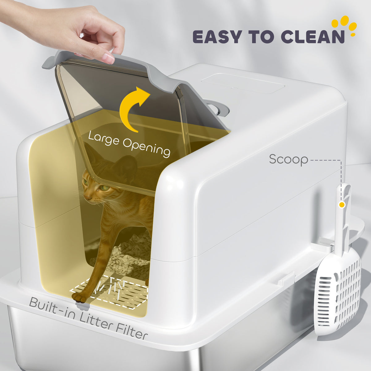 2-in-1 Stainless Steel Cat Litter Box With Removable Lid Scoop