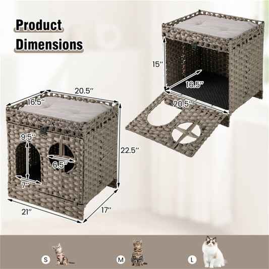 2-tier Wicker Cat Condo With Litter Mat Hidden Box Enclosure