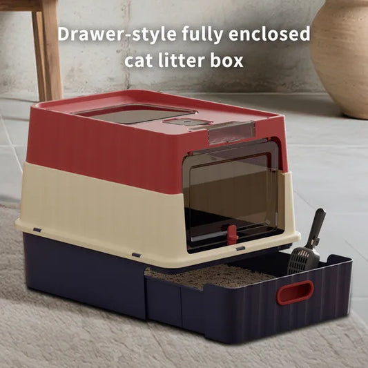 Simple Drawer Style Red Cat Litter Box Humanized Design Does Not