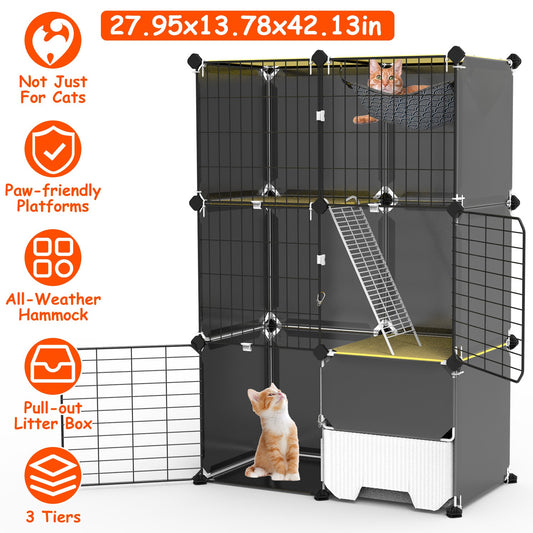 3 Tier Cat Cage Indoor With Litter Box Hammock Detachable Metal
