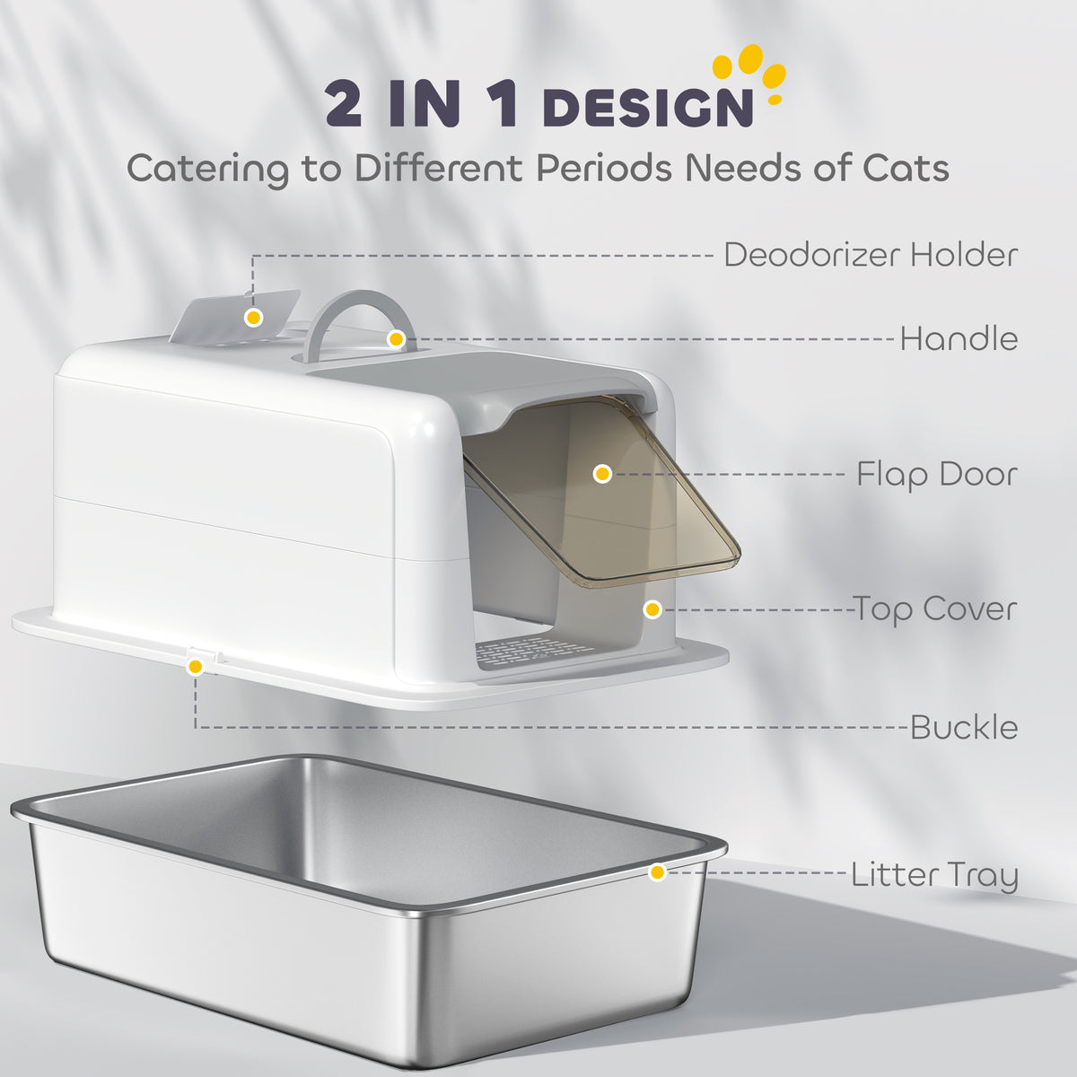 2-in-1 Stainless Steel Cat Litter Box With Removable Lid Scoop