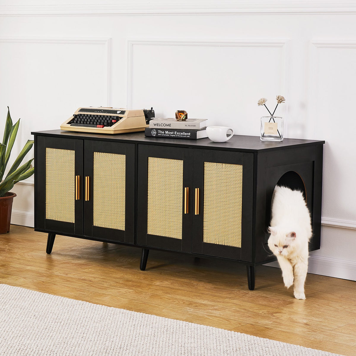 Cat Litter Box Enclosure Wooden Furniture Hidden 2 Rooms Black