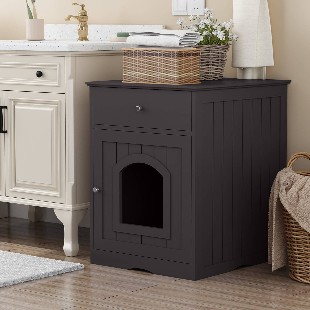 Wooden Pet House Cat Litter Box Enclosure With Drawer Side Table