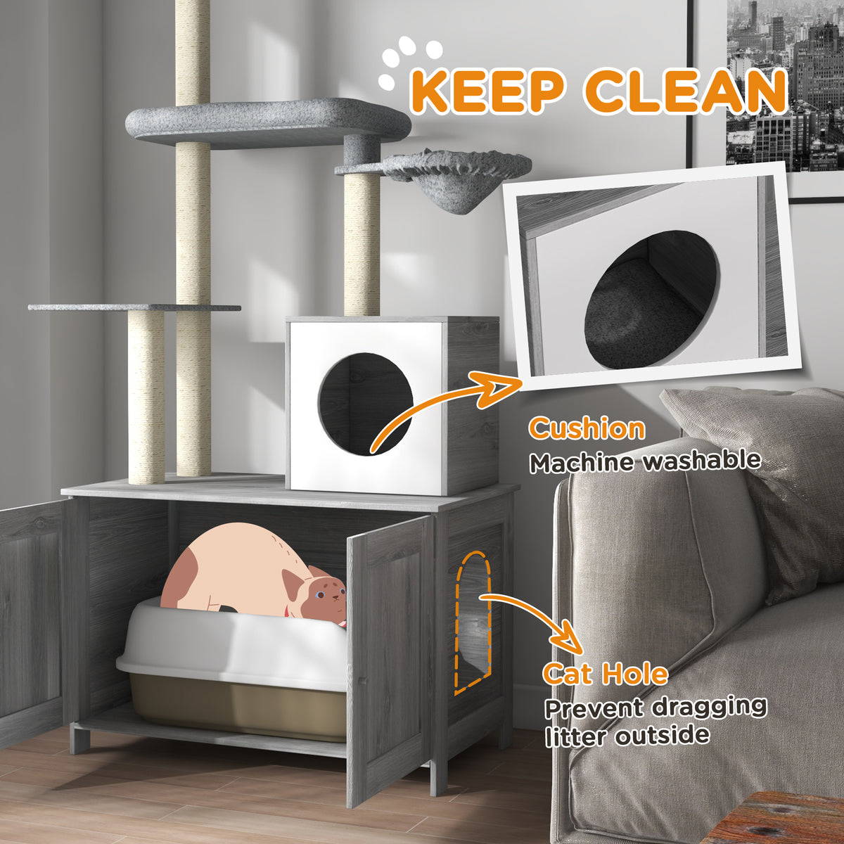 2-in-1 Floor To Ceiling Cat Tree With Litter Box Enclosure Condo