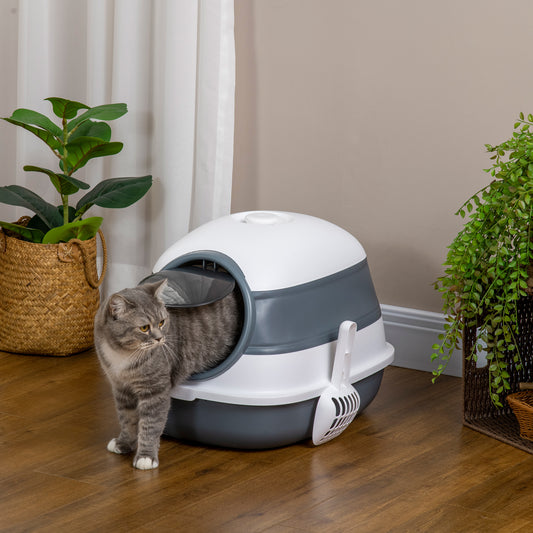 Dome Covered Cat Litter Box With Lid White And Gray