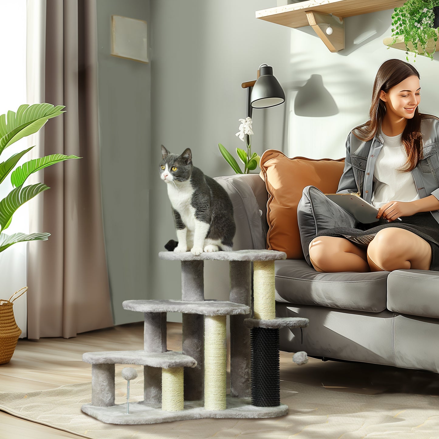 2-in-1 Cat Tree Tower 3-step Pet Stairs With Scratching Posts