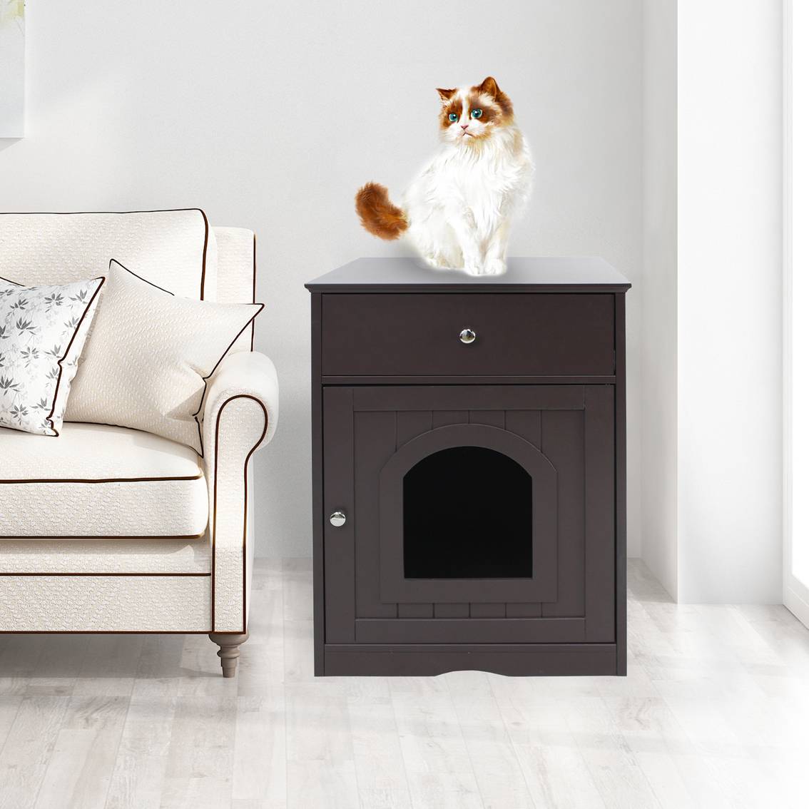 Wooden Pet House Cat Litter Box Enclosure With Drawer Side Table