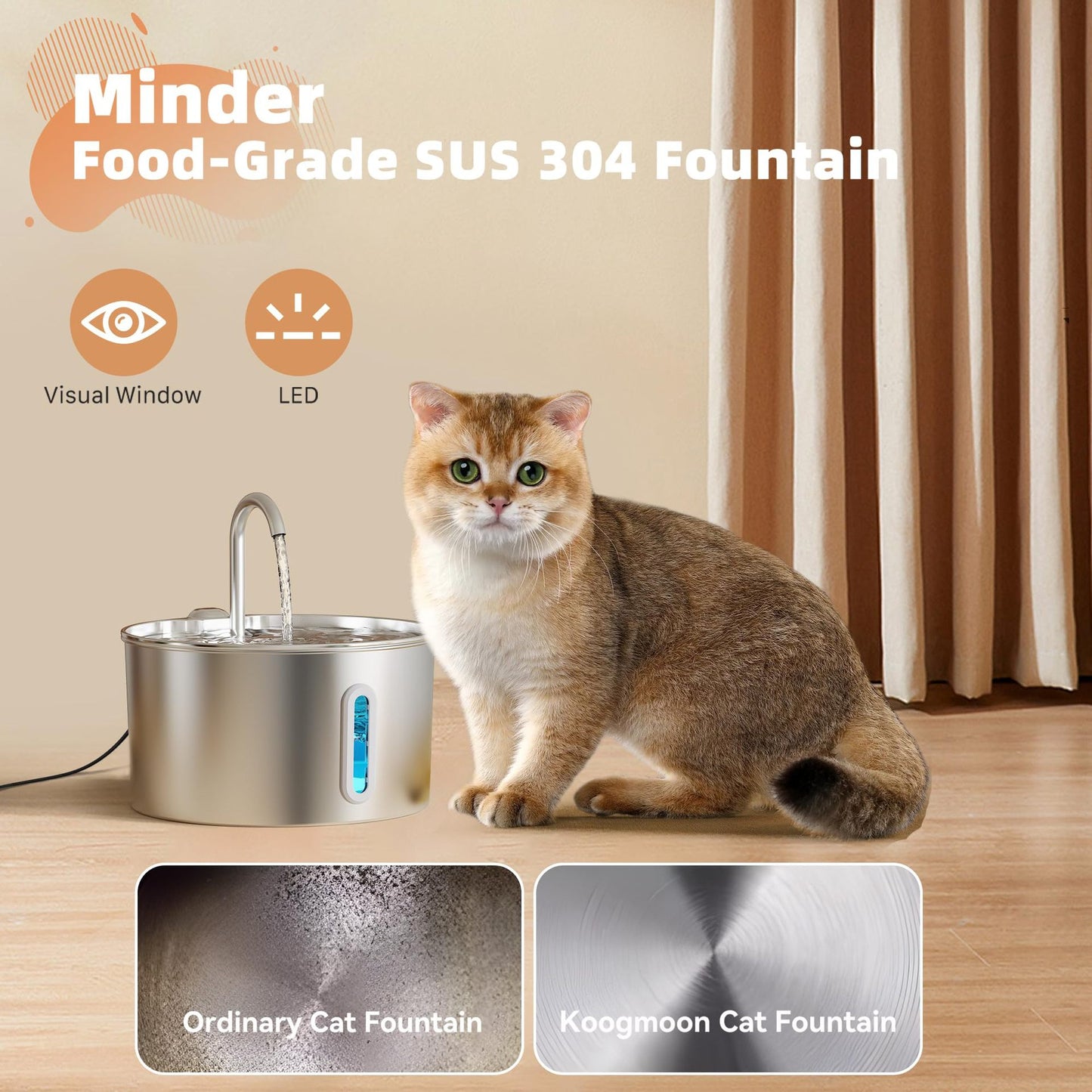Cat Stainless Steel Water Fountain With Automatic Circulation And