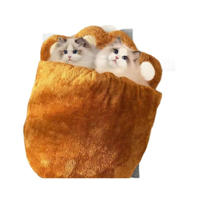 Winter Warm Cute Bear Paw Cat Bed Thickened House Semi-closed Nest