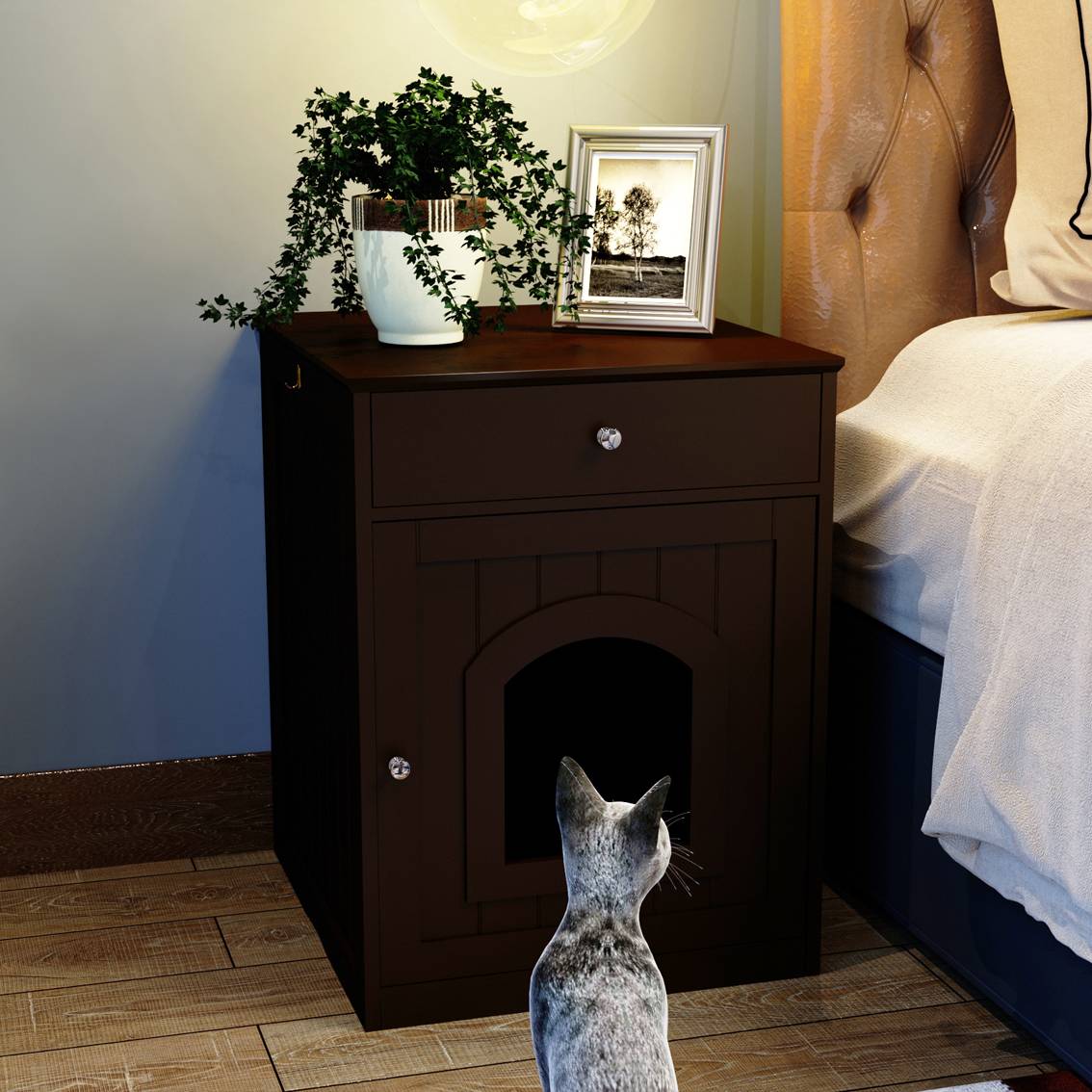 Wooden Pet House Cat Litter Box Enclosure With Drawer Side Table