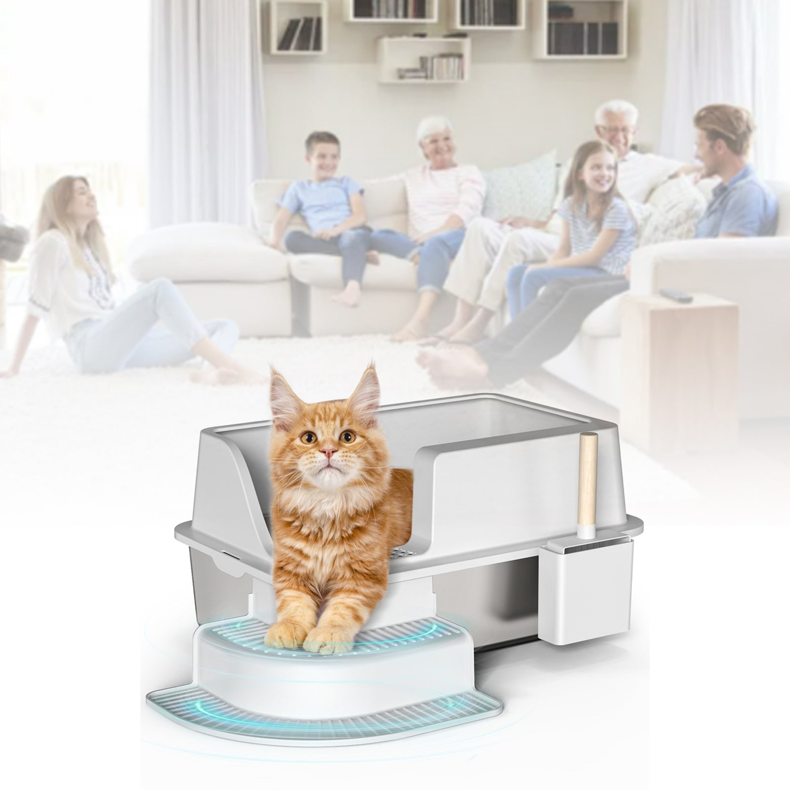 30l Semi Enclosed Cat Litter Box With Footboard And Scoop Stainless