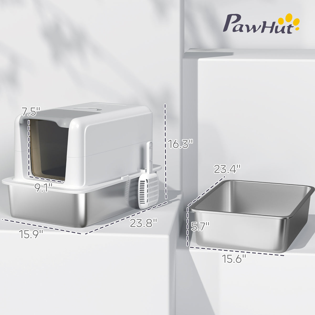 2-in-1 Stainless Steel Cat Litter Box With Removable Lid Scoop