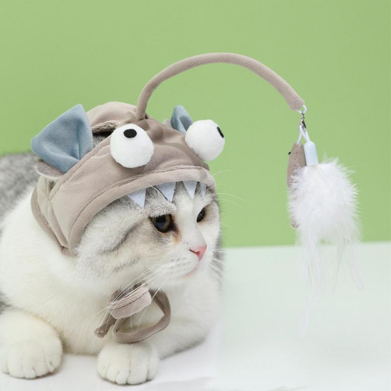New Head Wearing Feather Funny Cat Stick Toy Gray Big Eye Pet Toys