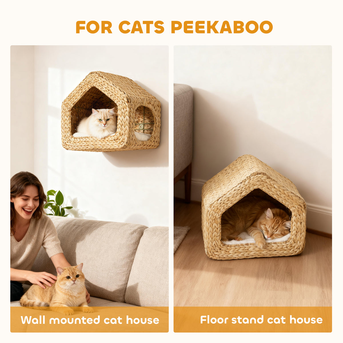 Wall Mounted Cat House Furniture Shelf With Washable Cushion Natural