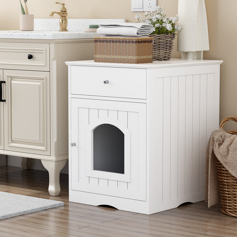 White Wooden Cat Litter Box Enclosure W Drawer Side Table Indoor