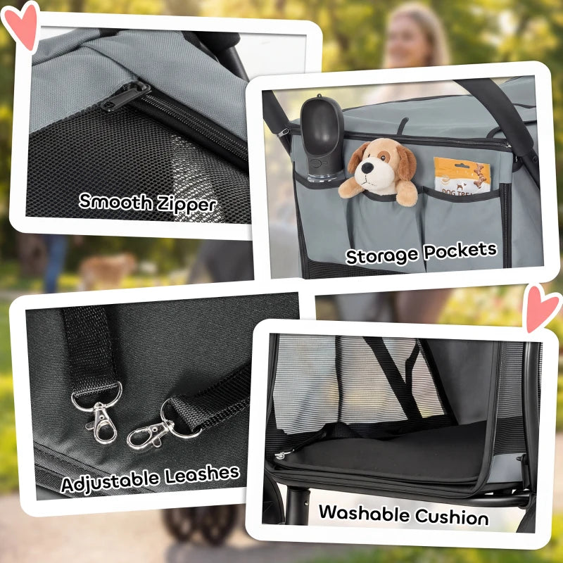 3 Wheel Pet Stroller With Easy One-click Quick Fold Mesh Window