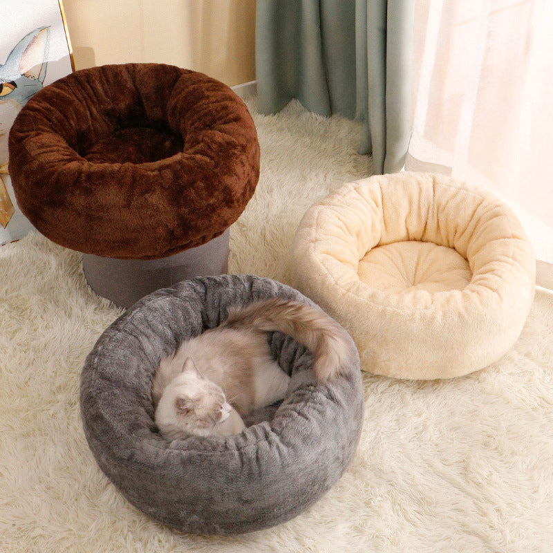 Pet Dog Bed Long Plush Donut Round Kennel Comfortable Fluffy