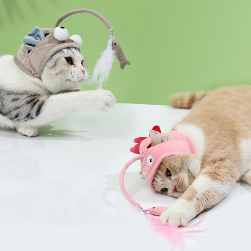 New Head Wearing Feather Funny Cat Stick Toy Gray Big Eye Pet Toys