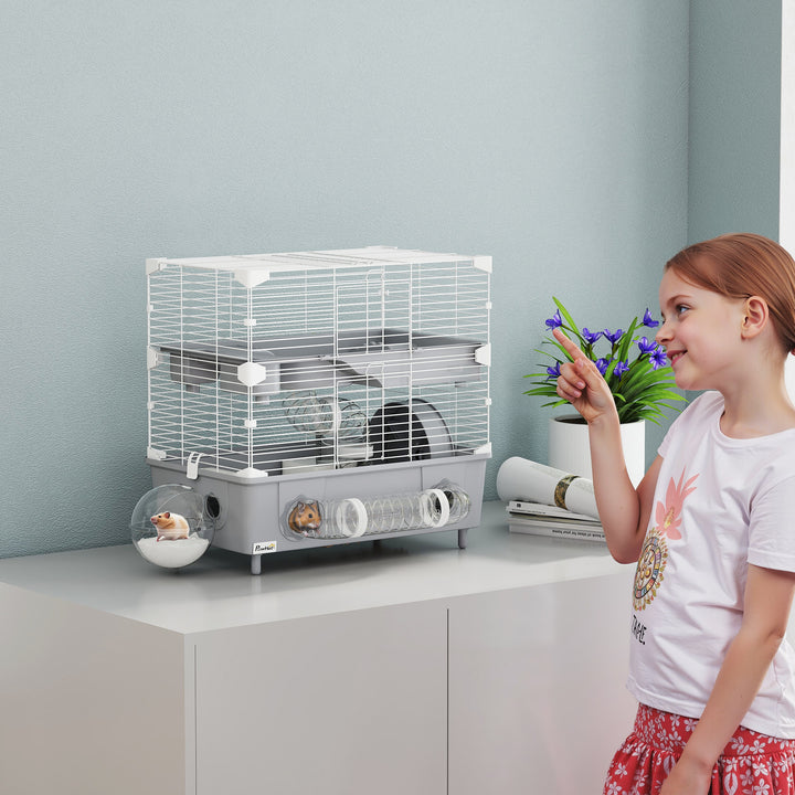 2-Tier Hamster Cage with Sand Bath and Running Wheel
