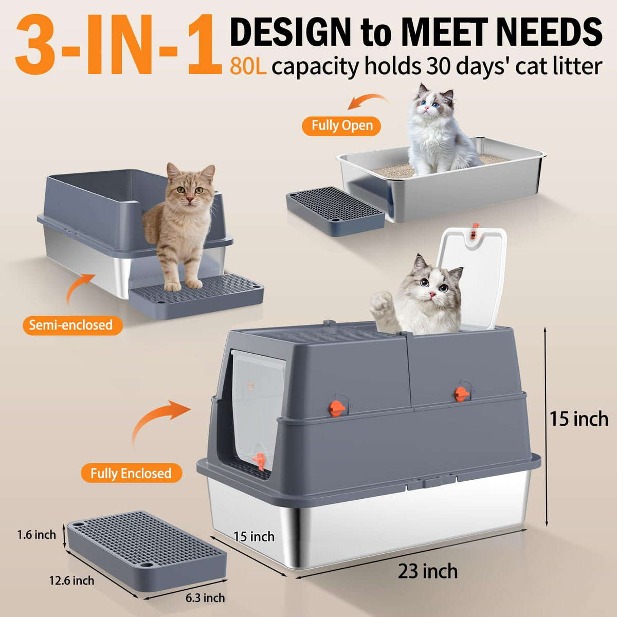 Stainless Steel Litter Box With Lid Enclosed Metal Extra Large