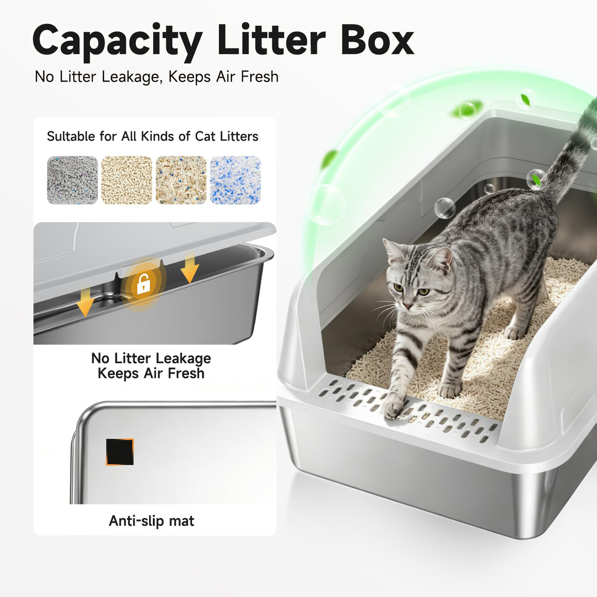 Stainless Steel Cat Litter Box For Cats High-sided Design Prevents