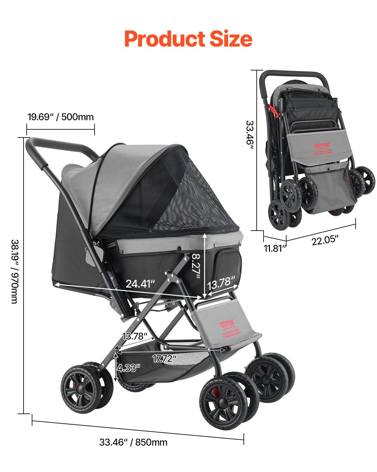 Pet Stroller Foldable 4 Wheels Travel Dog Reversible Handle Up To