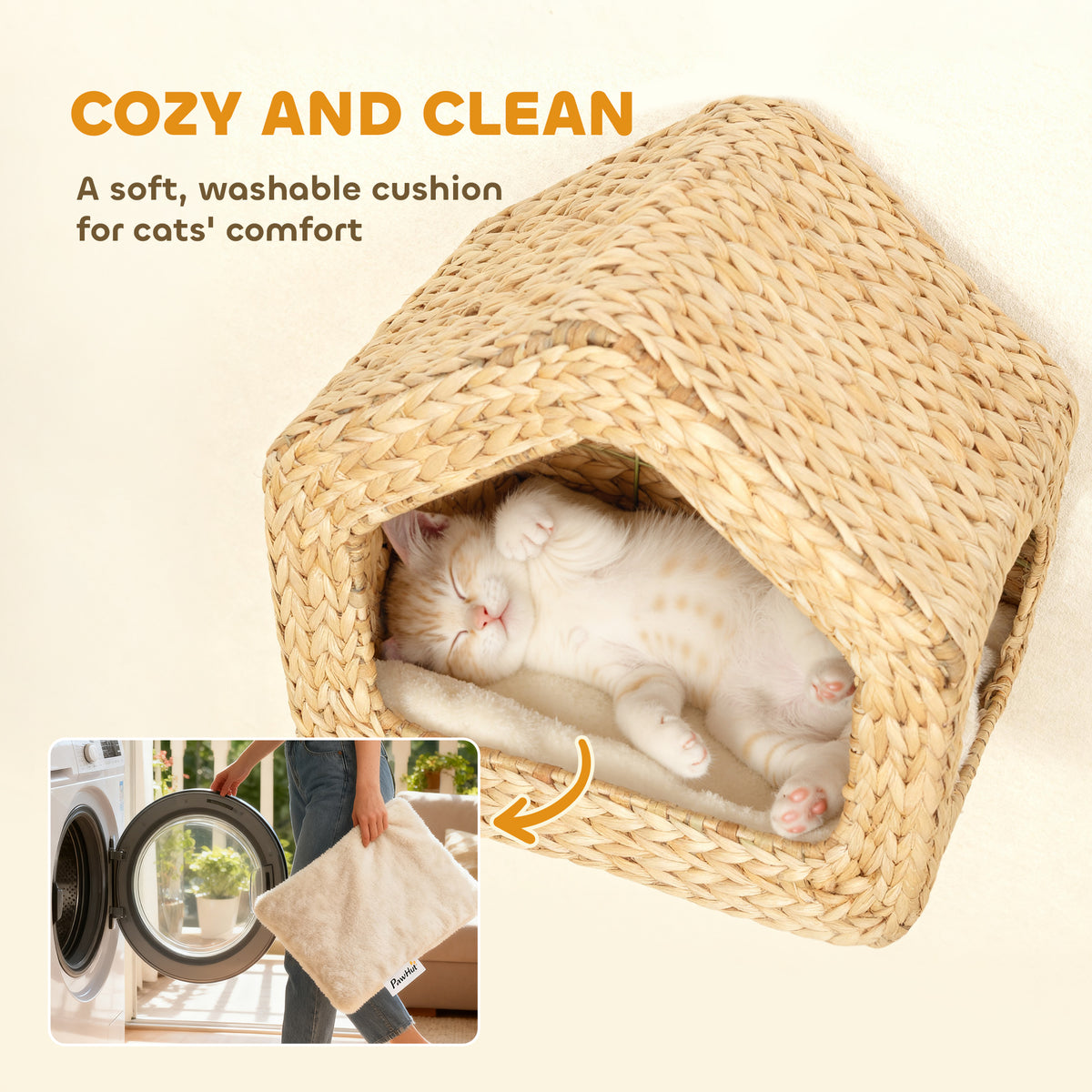 Wall Mounted Cat House Furniture Shelf With Washable Cushion Natural