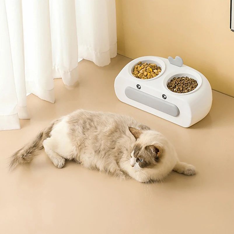 Duck Design Pet Double Bowl Plastic Kitten Dog Food Drinking Tray