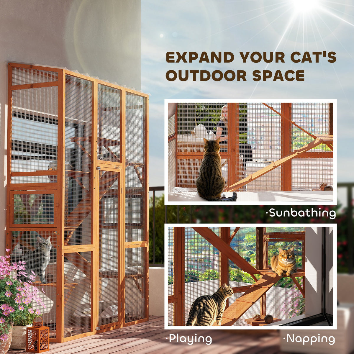 Outdoor Catio Cat Enclosure Large Wooden House With 6 Jumping
